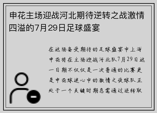 申花主场迎战河北期待逆转之战激情四溢的7月29日足球盛宴