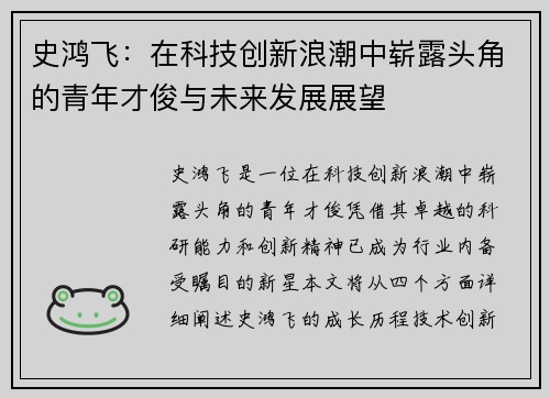 史鸿飞：在科技创新浪潮中崭露头角的青年才俊与未来发展展望
