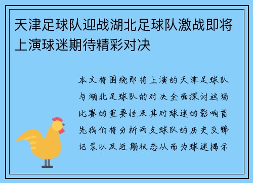天津足球队迎战湖北足球队激战即将上演球迷期待精彩对决