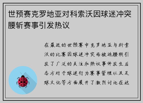 世预赛克罗地亚对科索沃因球迷冲突腰斩赛事引发热议