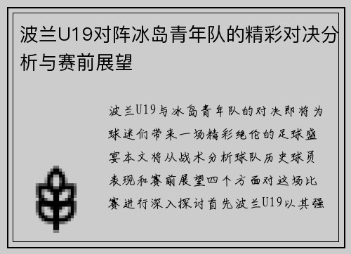波兰U19对阵冰岛青年队的精彩对决分析与赛前展望
