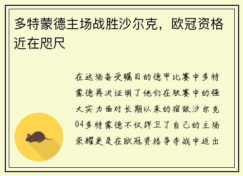 多特蒙德主场战胜沙尔克，欧冠资格近在咫尺