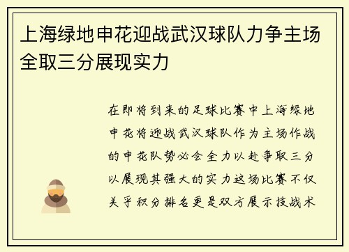上海绿地申花迎战武汉球队力争主场全取三分展现实力