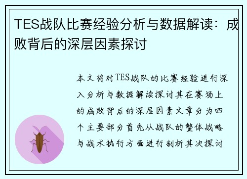 TES战队比赛经验分析与数据解读：成败背后的深层因素探讨