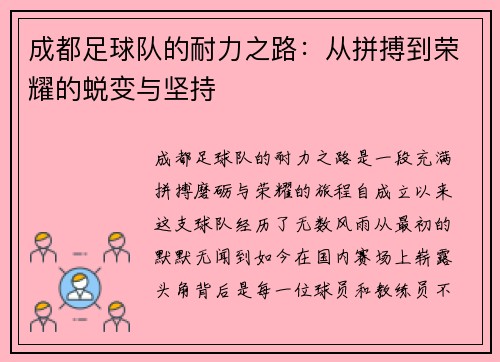 成都足球队的耐力之路：从拼搏到荣耀的蜕变与坚持